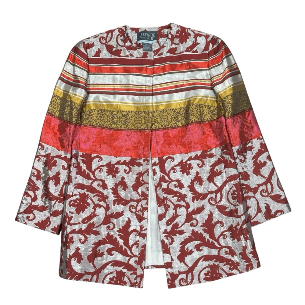 RARE! Vintage LAFAYETTE 148 Brocade Coat Jacket‎ Baroque Strip Metallic Sz 4 P